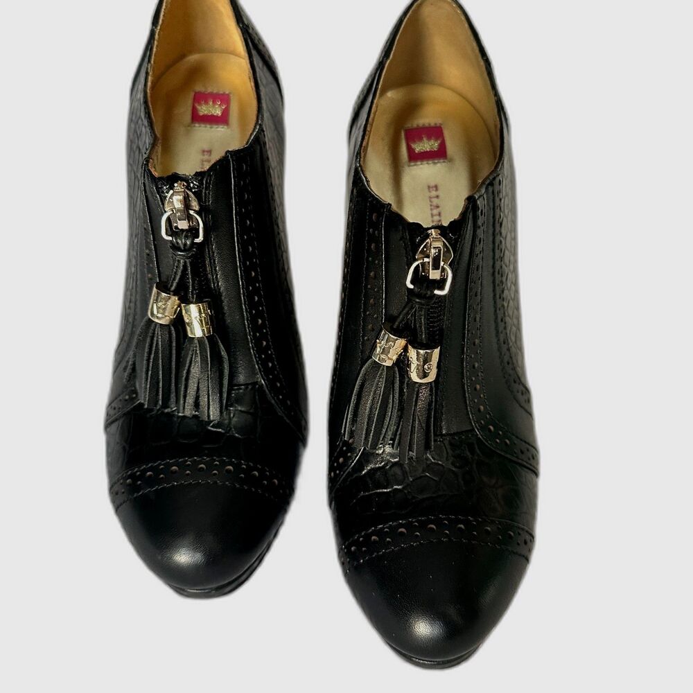 Elaine Turner Black Leather Tassel Bootie Heels Size 8 • Reptile Embossed